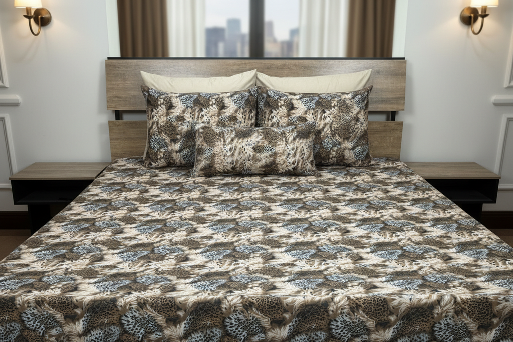 Wild Plume Bedsheet Set styled on a luxury bed in an elegant bedroom