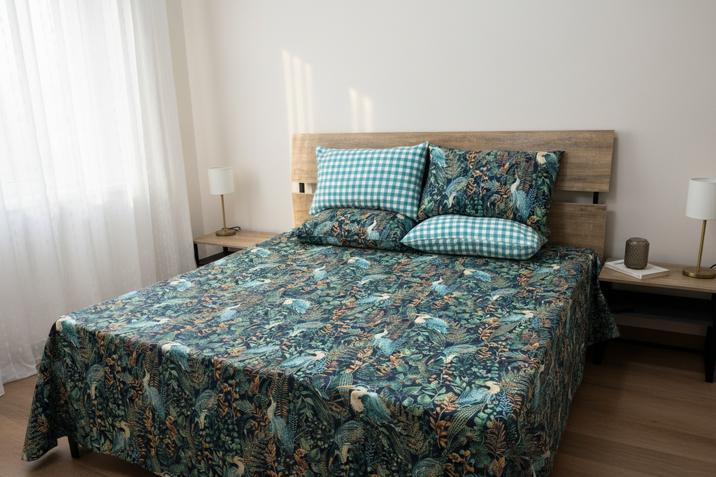 Heron Jungle Bedsheet Set styled on a luxury bed in an elegant bedroom