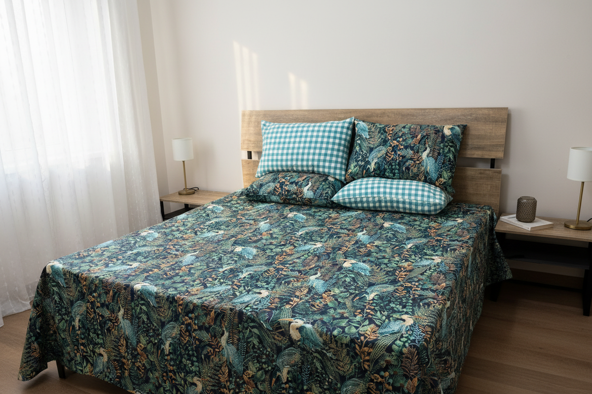 Heron Jungle Bedsheet Set styled on a luxury bed in an elegant bedroom