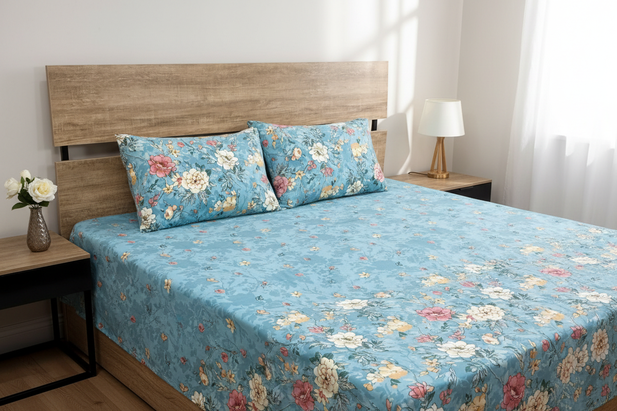 Teal Peony Bedsheet Set styled on a luxury bed in a bright elegant bedroom