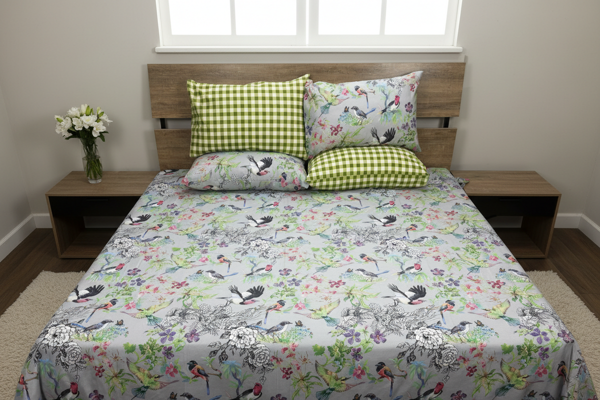 Aviary Garden Bedsheet Set styled on a luxury bed in an elegant bedroom