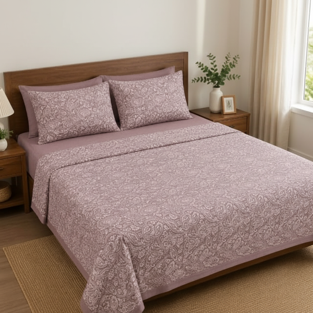 Mauve Paisley Damask Bedsheet Set with intricate ivory cream paisley floral damask pattern on dusty mauve rose-taupe background styled on a luxury bed