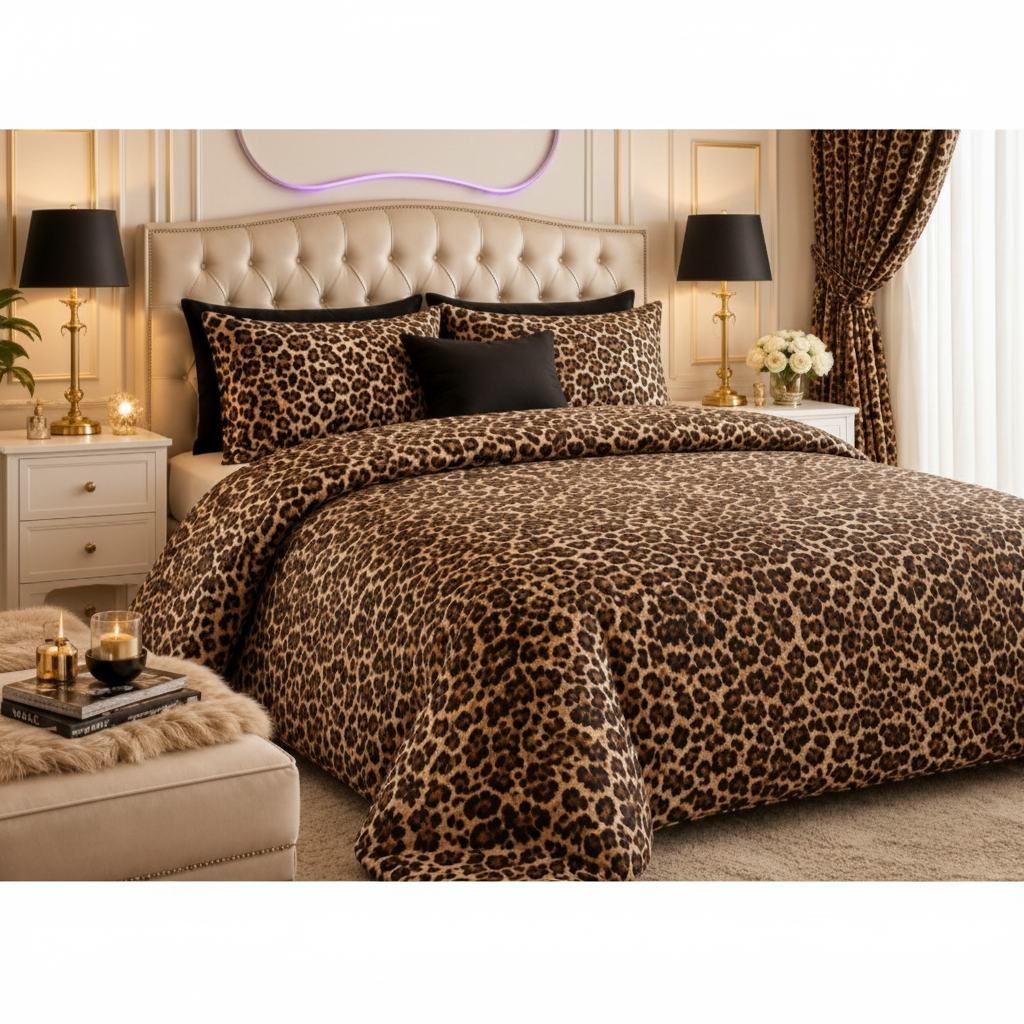 Golden Leopard Print Bedsheet Set with classic dark brown and black leopard rosette spots on warm golden-brown background styled in a glamorous luxury bedroom