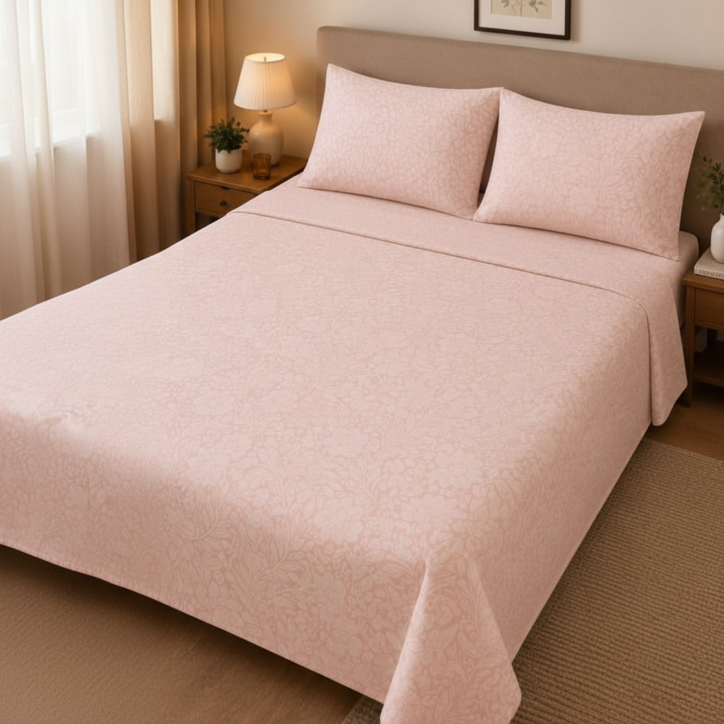 Blush Tonal Floral Bedsheet Set with subtle tonal rose-pink floral and leaf pattern on soft blush pink peach background styled on a luxury bed