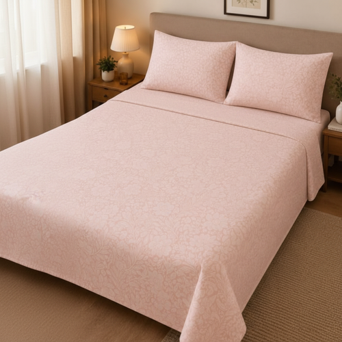 Blush Tonal Floral Bedsheet Set with subtle tonal rose-pink floral and leaf pattern on soft blush pink peach background styled on a luxury bed