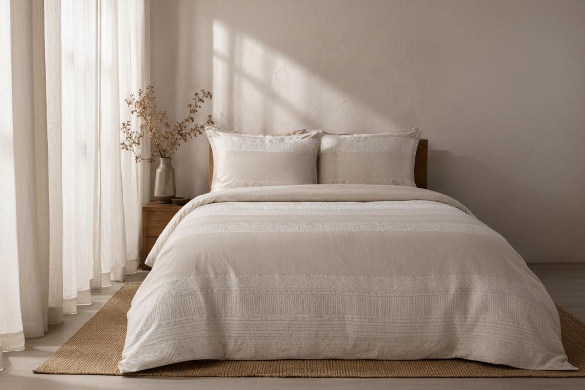 Cream Boho Tonal 7 Piece Comforter Set with ivory tonal embroidery bands featuring fringe tufts and floral motifs styled on a luxury bed