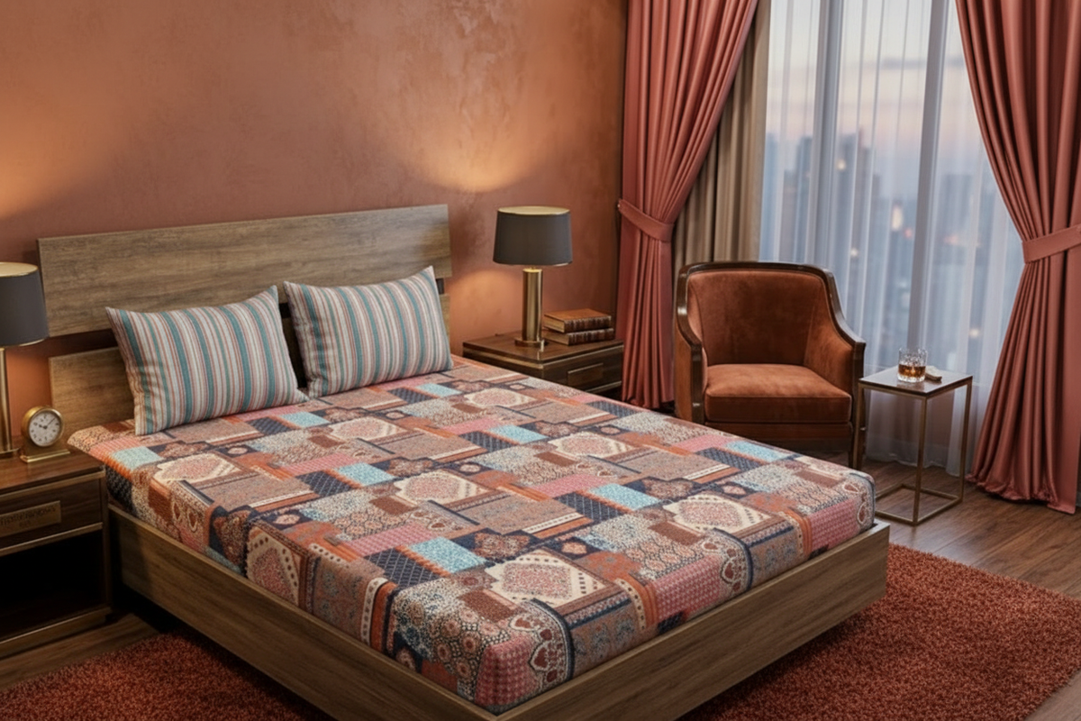 Medallion Patchwork Bedsheet Set styled on a luxury bed in a rich elegant bohemian bedroom