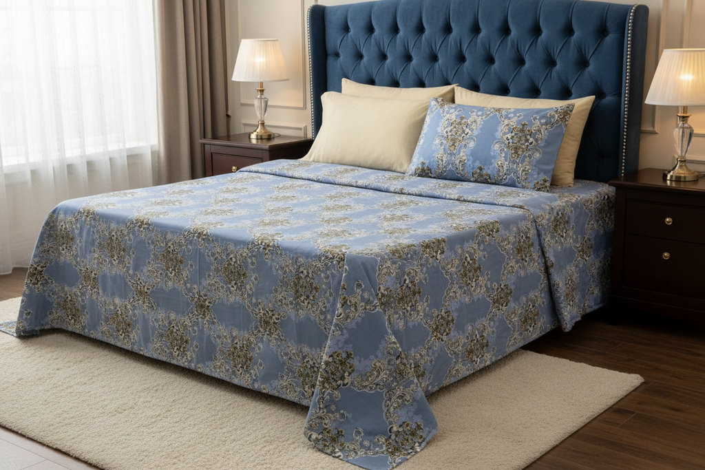 Royal Damask Bedsheet Set styled on a luxury bed in an elegant bedroom
