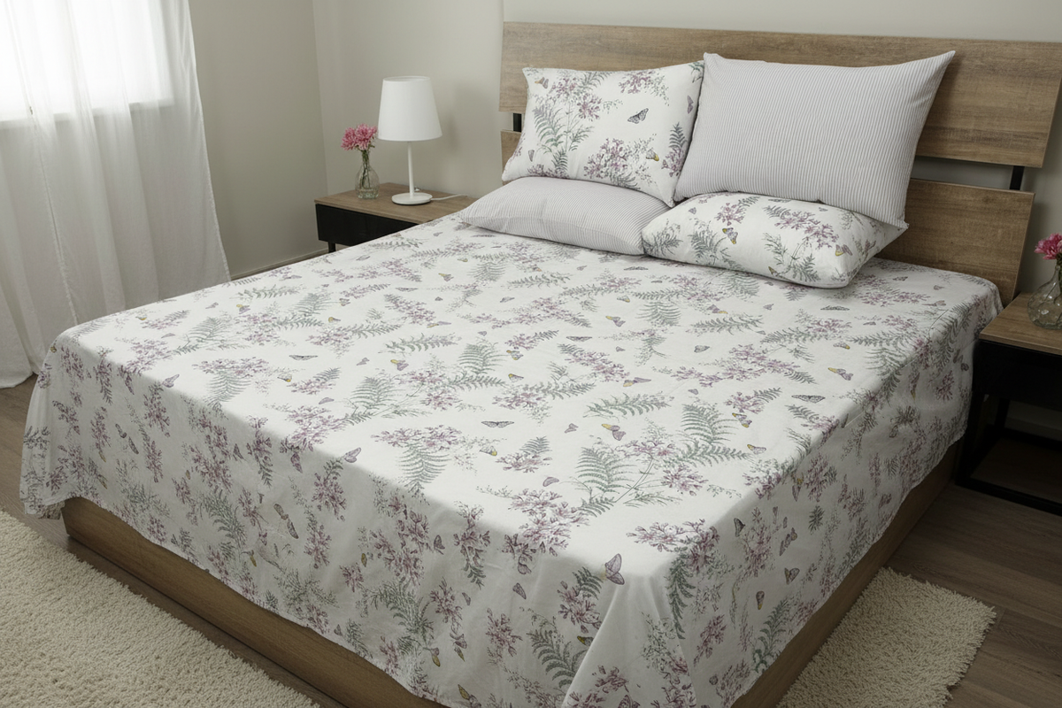 Meadow Mist Bedsheet Set styled on a luxury bed in an elegant bright bedroom