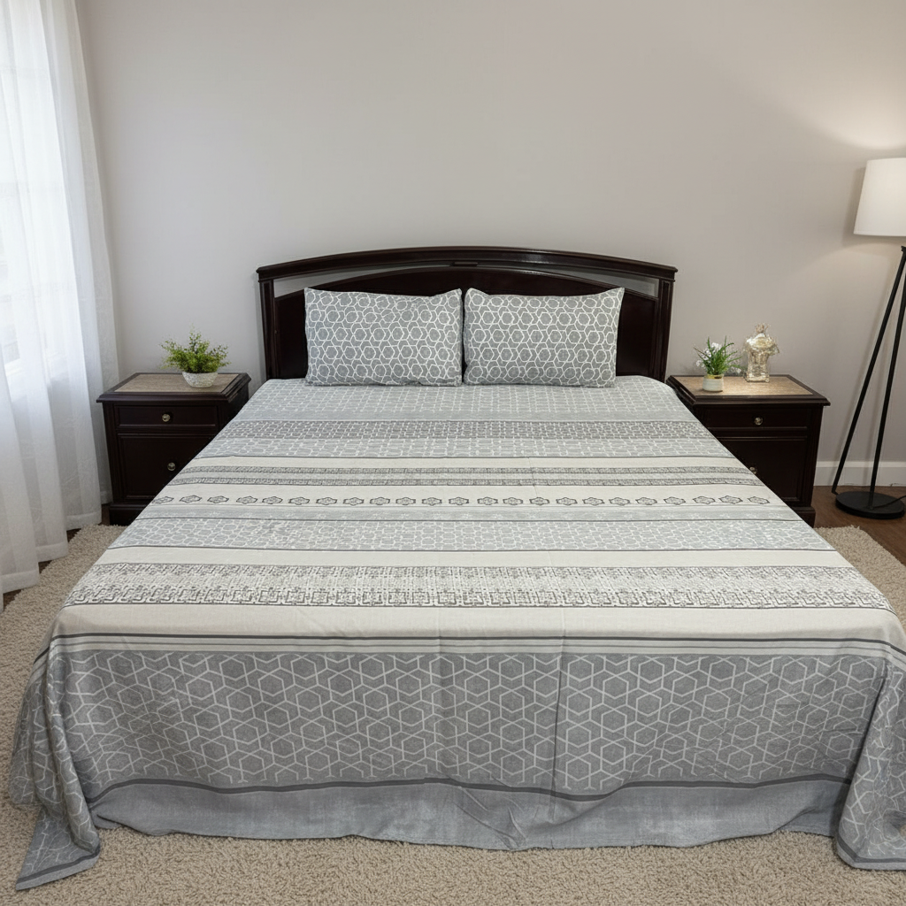 Silver Moroccan Geometric Bedsheet Set with alternating bands of white hexagonal lattice and Moroccan star motifs on grey-blue silver background styled on a luxury bed